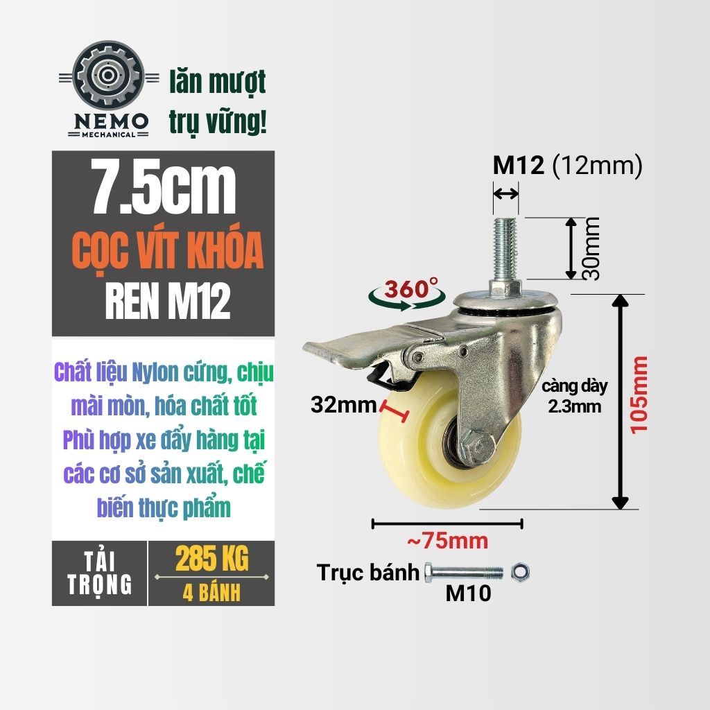 Bánh Xe Nylon Trắng Cọc Vít M12 – Chống Nước, Kháng Hóa Chất (D75, D100, D125)